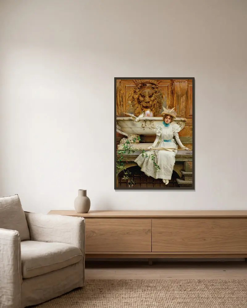 Alla fontana (Die zwei Tauben) von Vittorio Matteo Corcos gerahmt an einer Wand