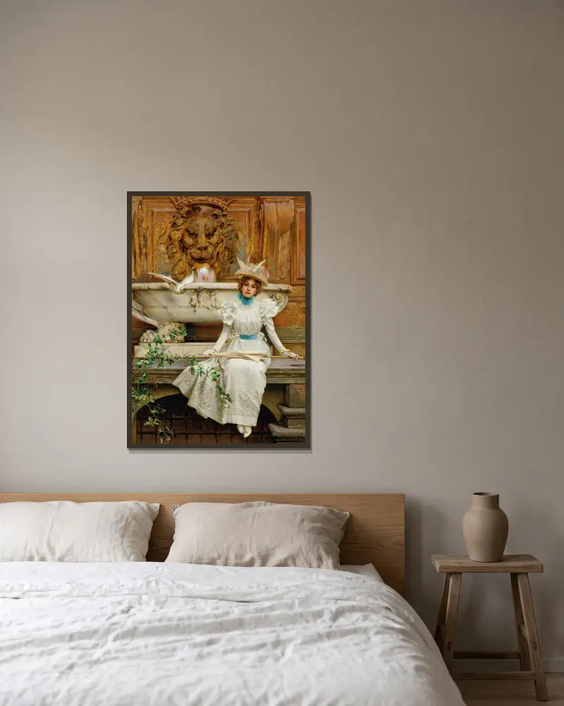 Alla fontana (Die zwei Tauben) von Vittorio Matteo Corcos gerahmt an einer Wand