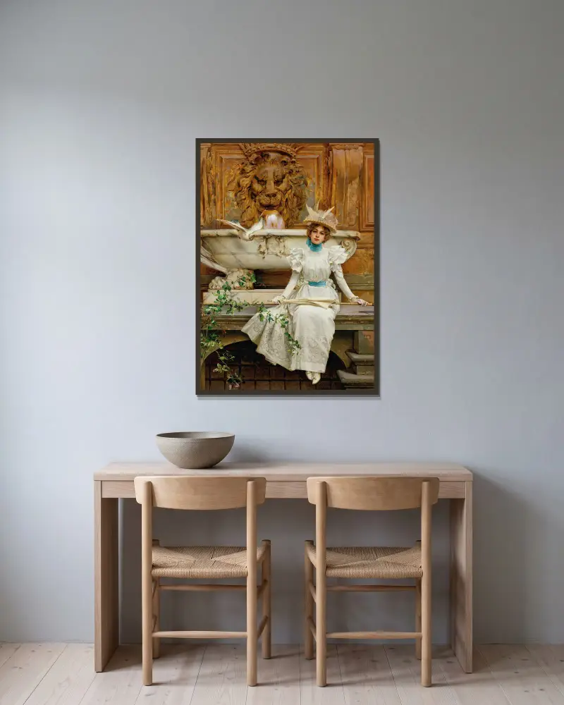 Alla fontana (Die zwei Tauben) von Vittorio Matteo Corcos gerahmt an einer Wand