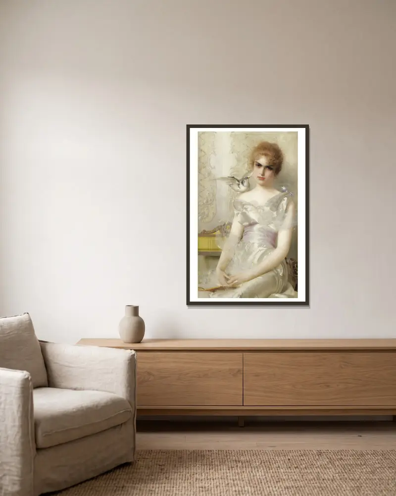 Portrait de jeune femme av Vittorio Matteo Corcos inramad på en vägg