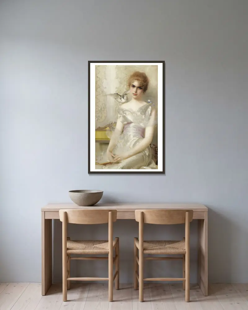 Portrait de jeune femme av Vittorio Matteo Corcos inramad på en vägg