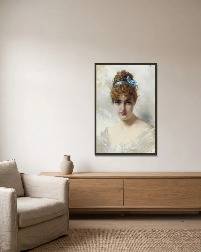 Porträtt av en ung kvinna i vitt av Vittorio Matteo Corcos inramad på en vägg