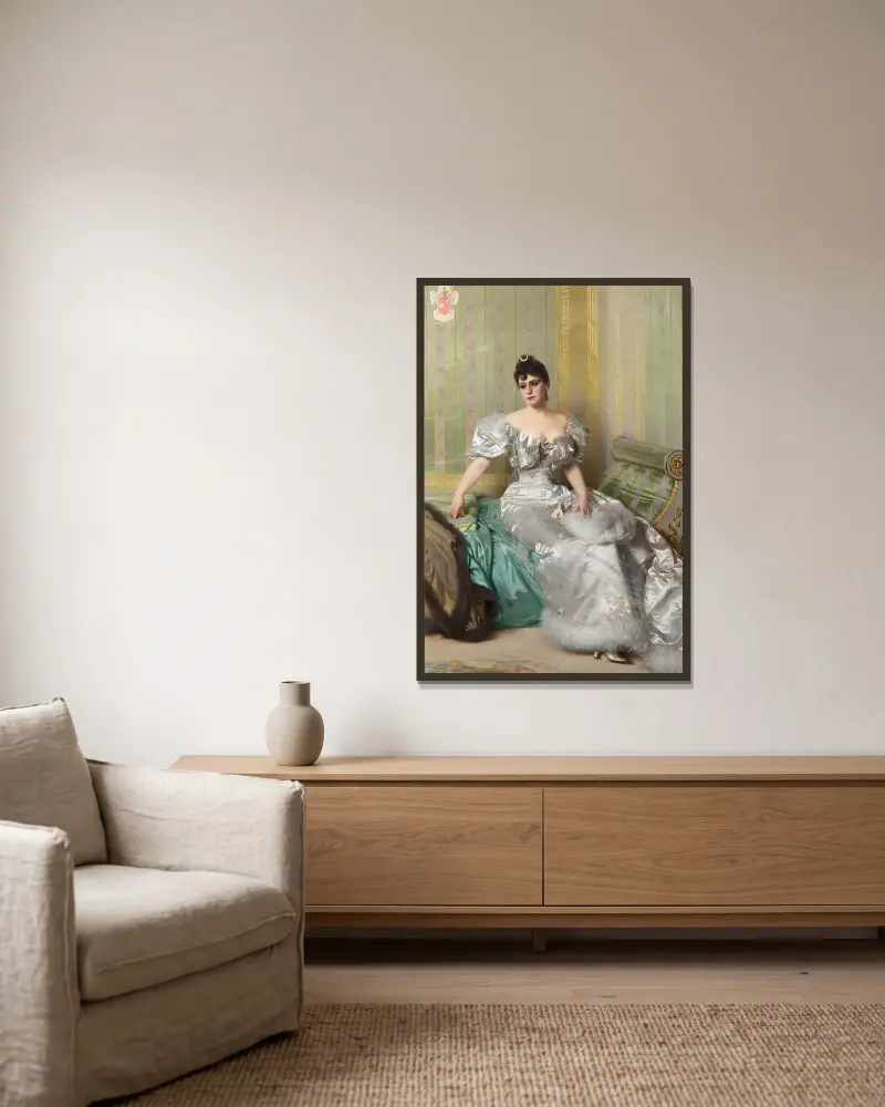 Portrait of Corinna Salmon av Vittorio Matteo Corcos inramad på en vägg