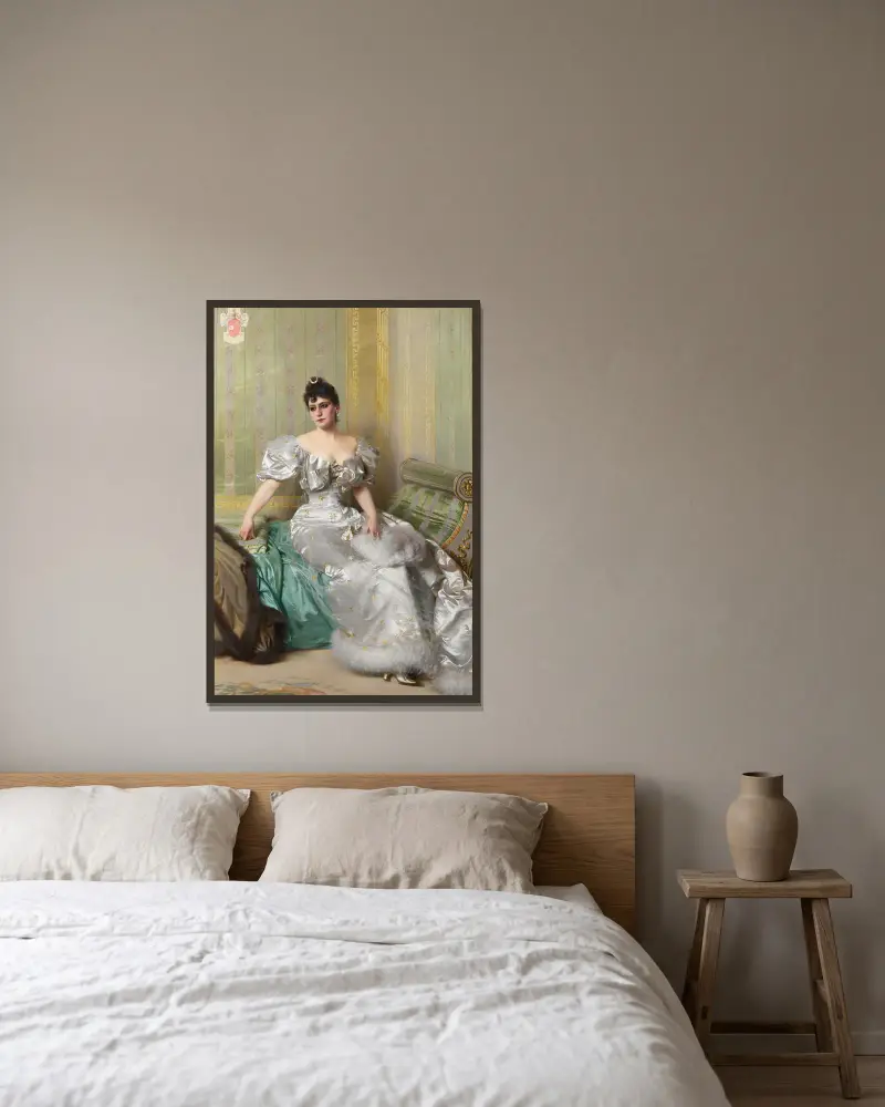 Portrait of Corinna Salmon av Vittorio Matteo Corcos inramad på en vägg