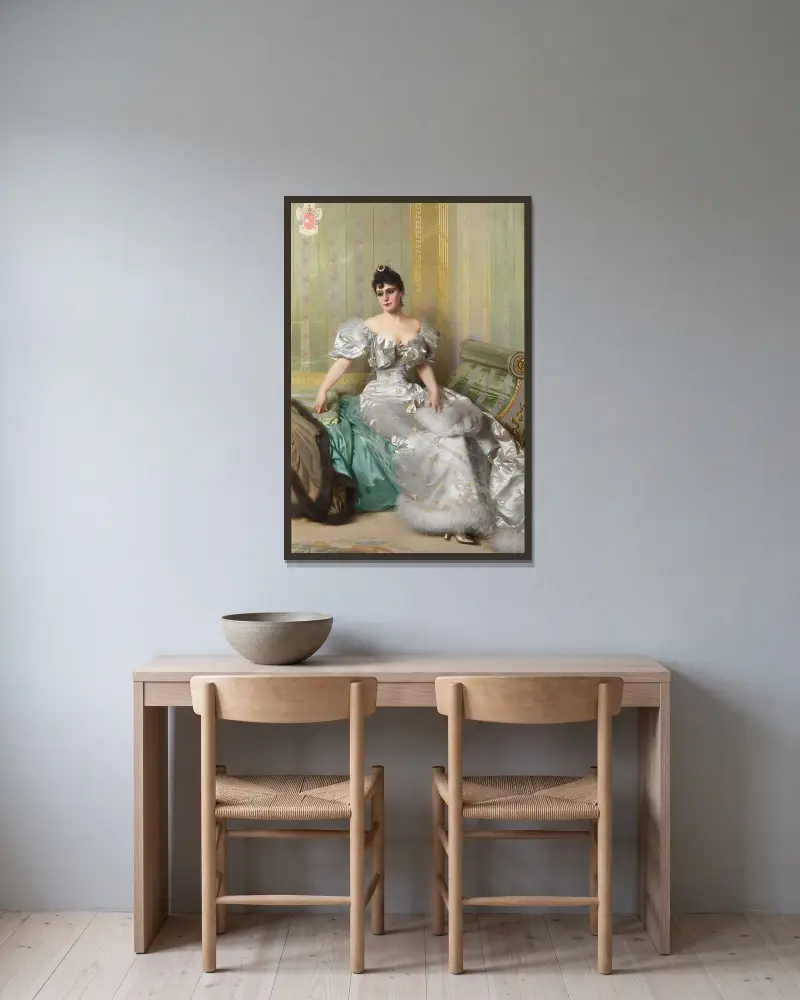 Portrait of Corinna Salmon av Vittorio Matteo Corcos inramad på en vägg