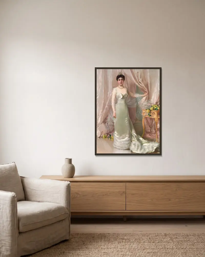 Porträt der Prinzessin Evelyne Colonna di Stigliano von Vittorio Matteo Corcos gerahmt an einer Wand