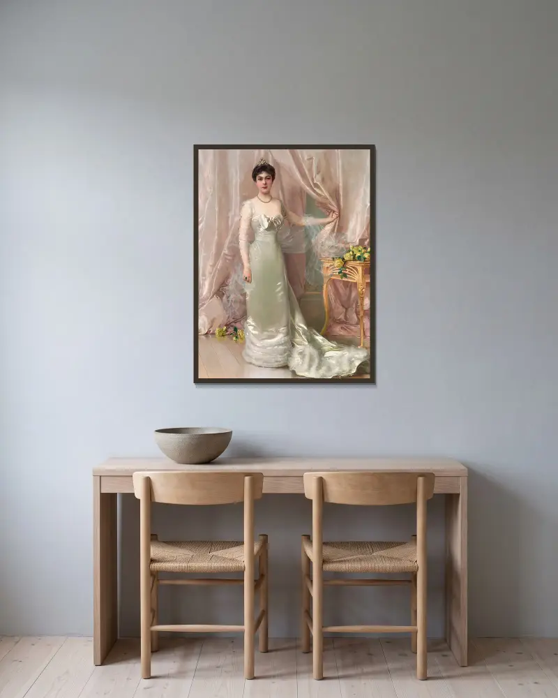 Porträt der Prinzessin Evelyne Colonna di Stigliano von Vittorio Matteo Corcos gerahmt an einer Wand