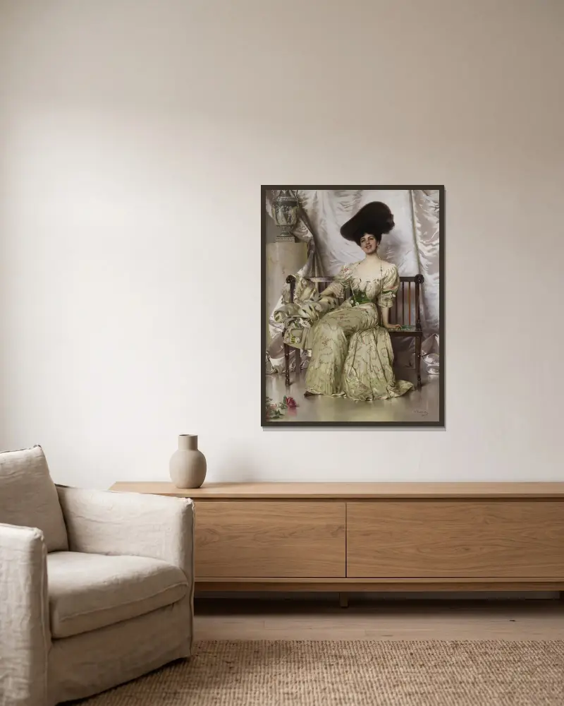 Portrait of the Contessa Nerina Pisani Volpi di Misurata. av Vittorio Matteo Corcos inramad på en vägg