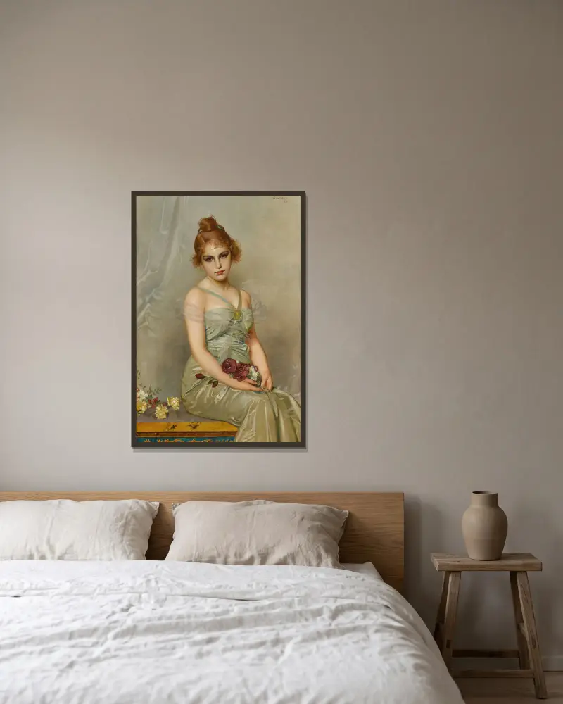 Der Blumenstrauß von Vittorio Matteo Corcos gerahmt an einer Wand