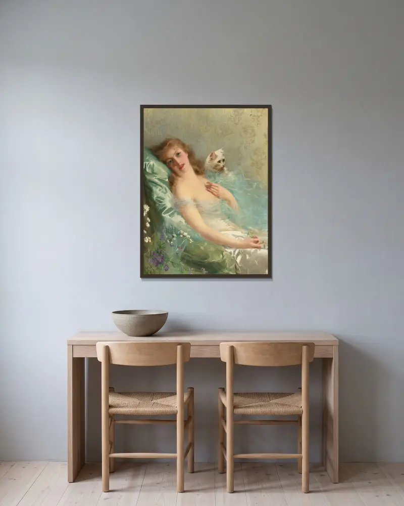Bílá kočka, Vittorio Matteo Corcos v rámu na stěně