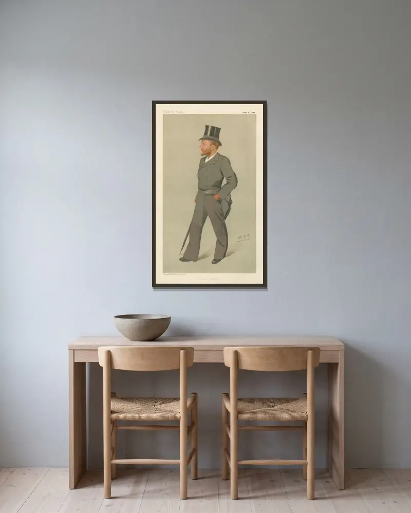 Hästtränare; 'He owns Chancellor', Mr. Fred Crisp, 8 juni 1893 av Leslie Matthew Ward inramad på en vägg