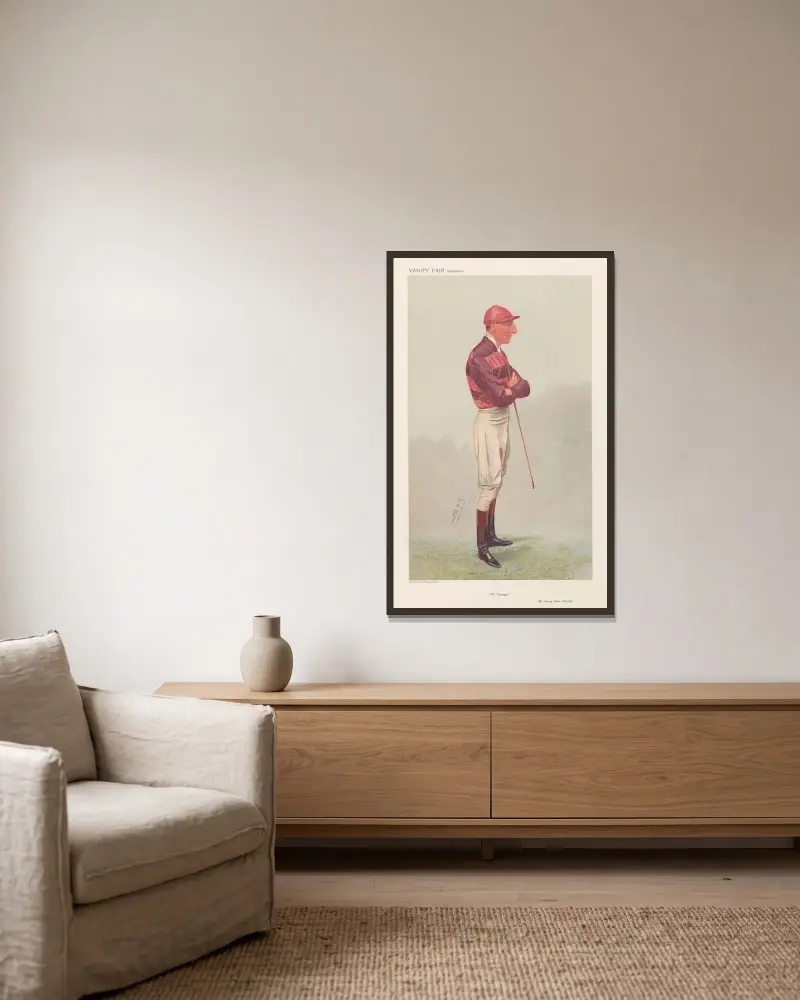 Jockeys; 'Mr. George', Mr. George James Thursby, 18 december 1907 av Leslie Matthew Ward inramad på en vägg