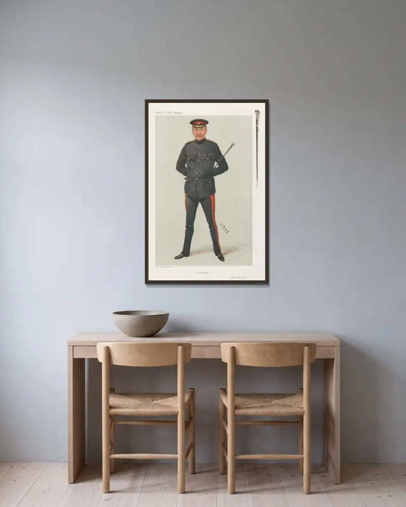 Militärt och marint; '1st Life Guards', överste Calley, 3 oktober 1906 av Leslie Matthew Ward inramad på en vägg