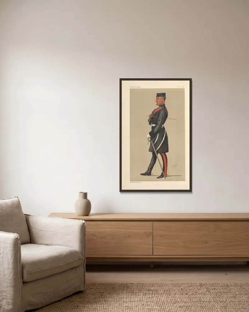 Militär och flotta; 'Bro överste den ärade Herbert Francis Eaton', 8 oktober 1891 av Leslie Matthew Ward inramad på en vägg