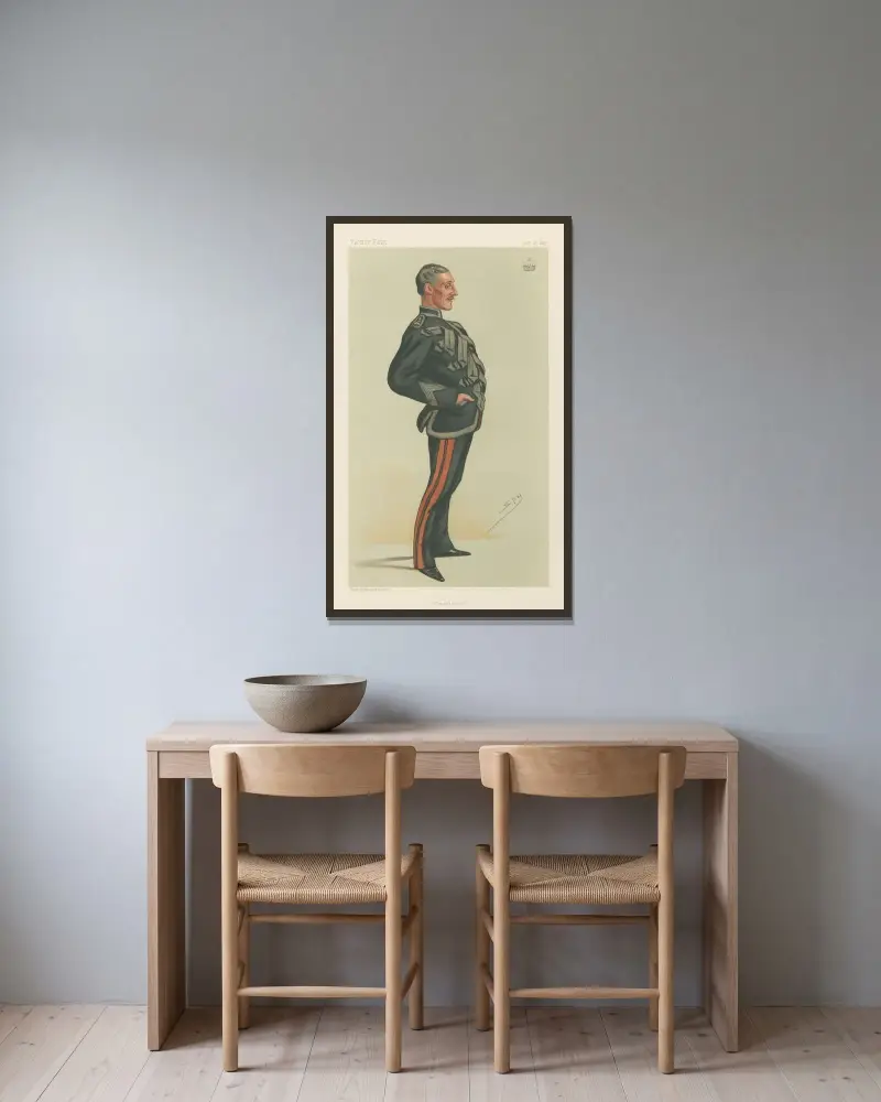 Militärt och marinen; 'Smartness', major viscount Downe, 27 oktober 1883 av Leslie Matthew Ward inramad på en vägg
