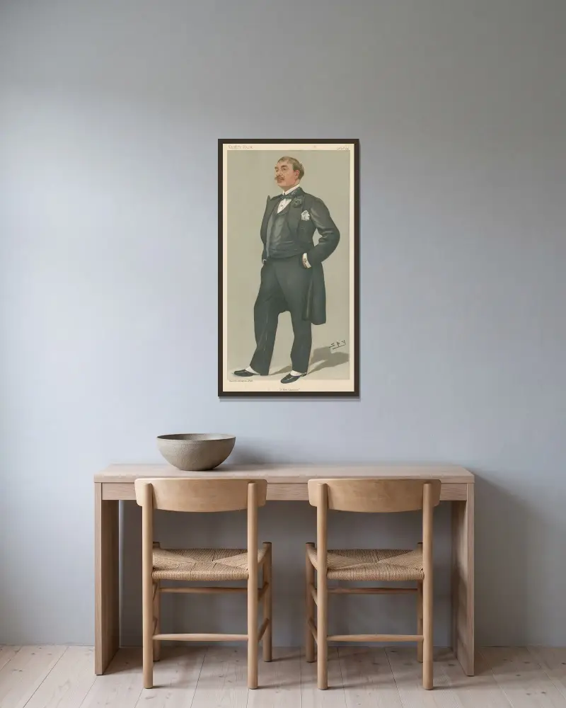 Musiker; 'A Fine Baritone', M. Victor Maurel, 20 oktober 1898 av Leslie Matthew Ward inramad på en vägg