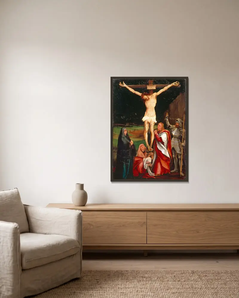 The Crucifixion av Matthias Grünewald inramad på en vägg