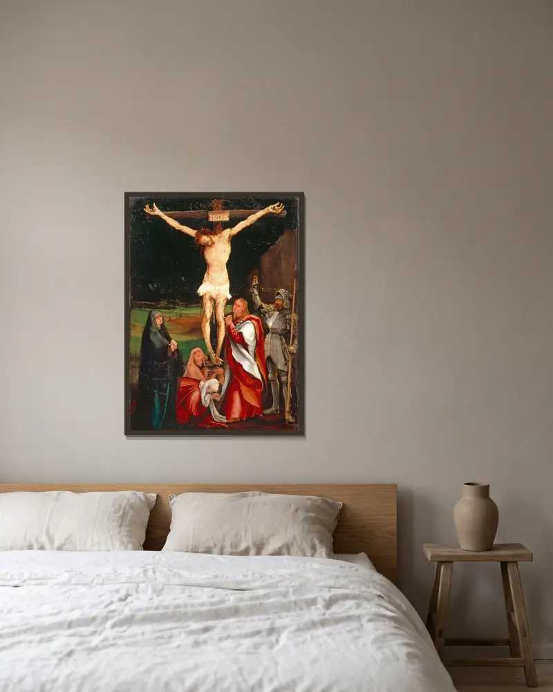 The Crucifixion av Matthias Grünewald inramad på en vägg