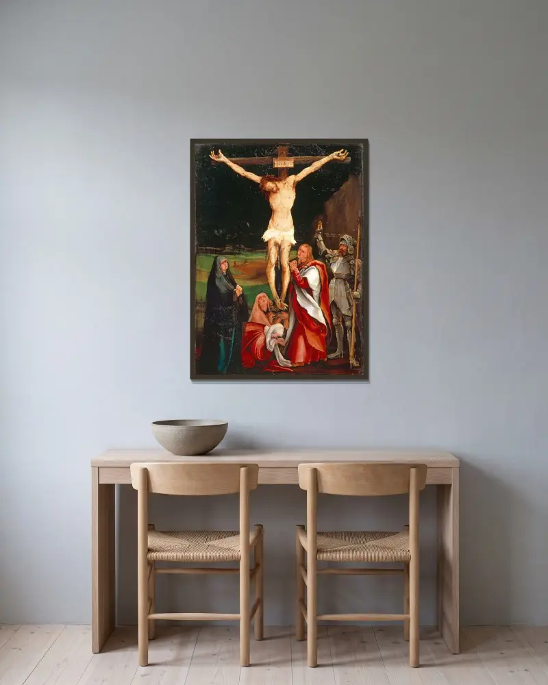 The Crucifixion av Matthias Grünewald inramad på en vägg