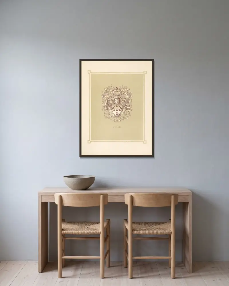 Heraldisches Alphabet Pl.22 av Adolf Matthias Hildebrandt inramad på en vägg