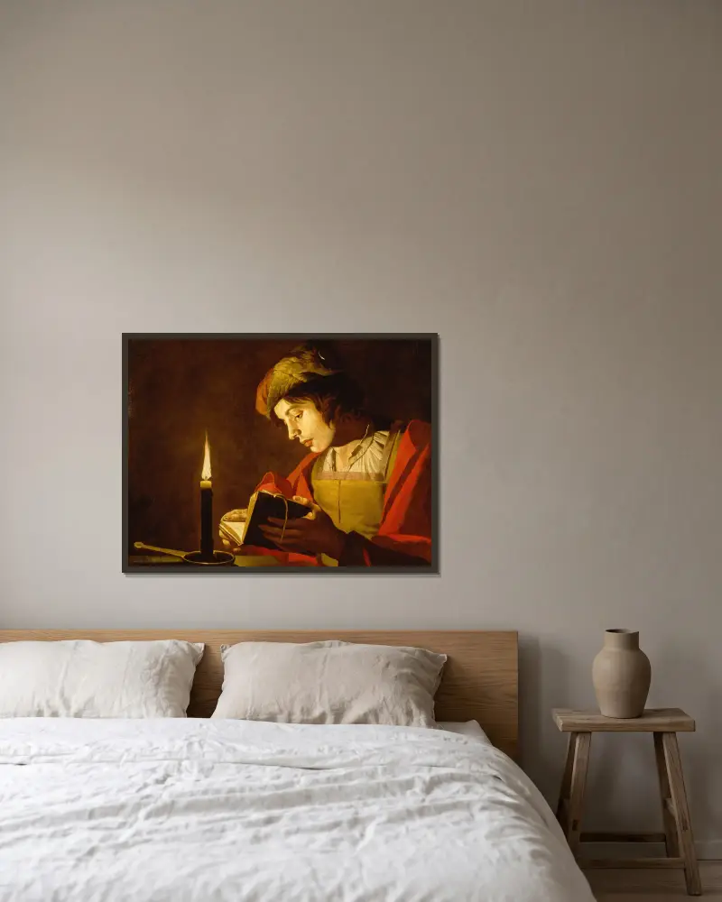 A Young Man Reading by Candlelight av Matthias Stom inramad på en vägg