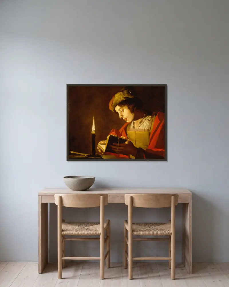 A Young Man Reading by Candlelight av Matthias Stom inramad på en vägg