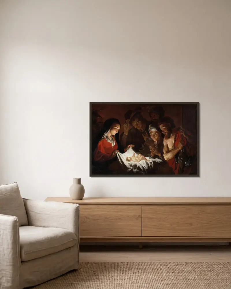 Adoration of the Shepherds av Matthias Stom inramad på en vägg