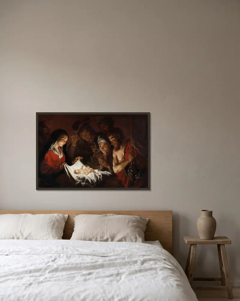 Adoration of the Shepherds av Matthias Stom inramad på en vägg