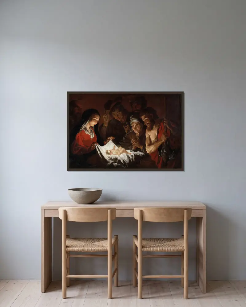 Adoration of the Shepherds av Matthias Stom inramad på en vägg
