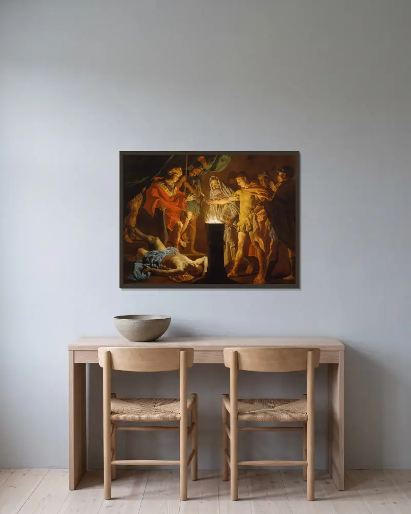 Mucius Scaevola in the presence of Lars Porsenna av Matthias Stom inramad på en vägg