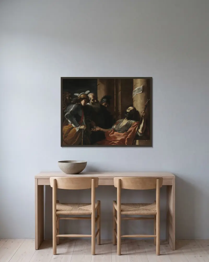 Belisar empfängt Almosen von Mattia Preti gerahmt an einer Wand