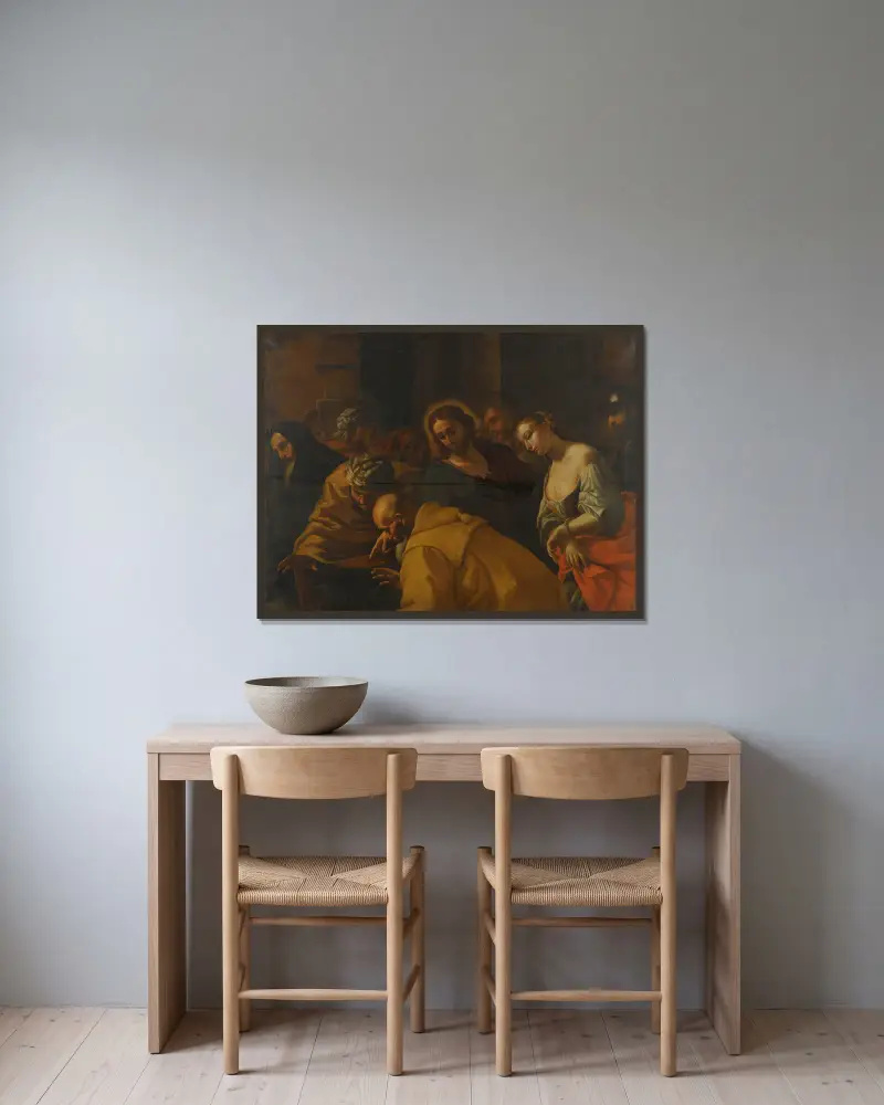 Christ And The Woman Taken In Adultery – nr 2 av Mattia Preti inramad på en vägg