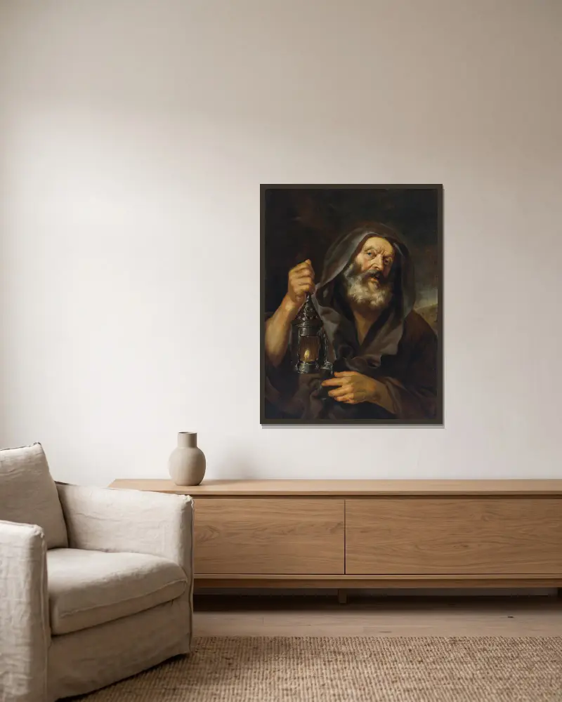 Diogenes With His Lantern, In Search Of An Honest Man av Mattia Preti inramad på en vägg