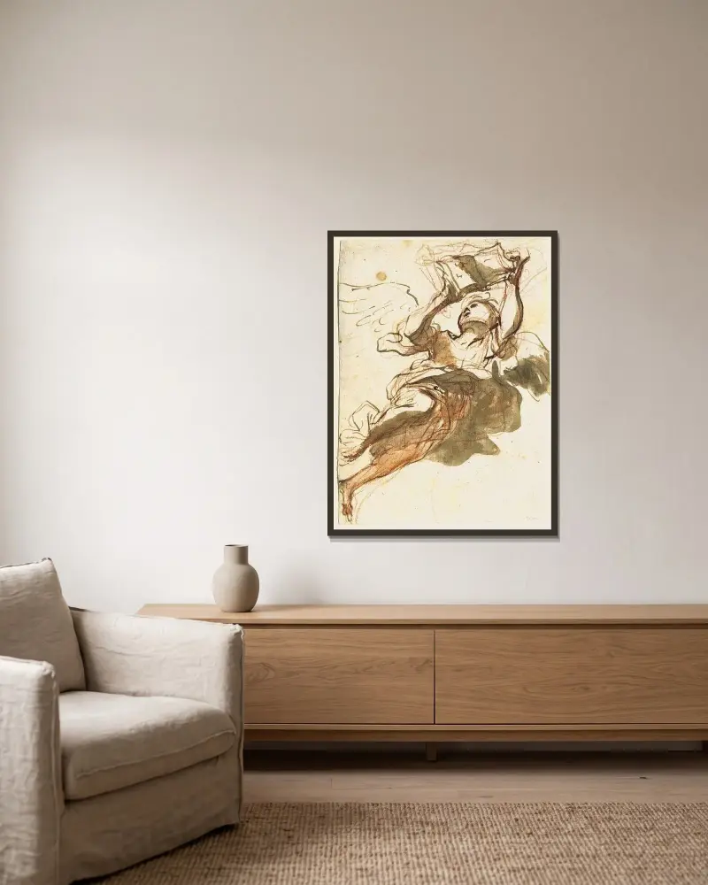 Fliegender Engel von Mattia Preti gerahmt an einer Wand