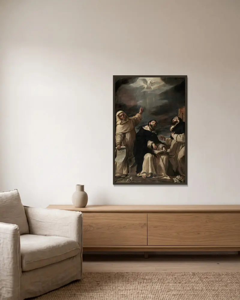 Saints Vincent Ferrer, Peter Martyr and Raymond of Peñafort av Mattia Preti inramad på en vägg