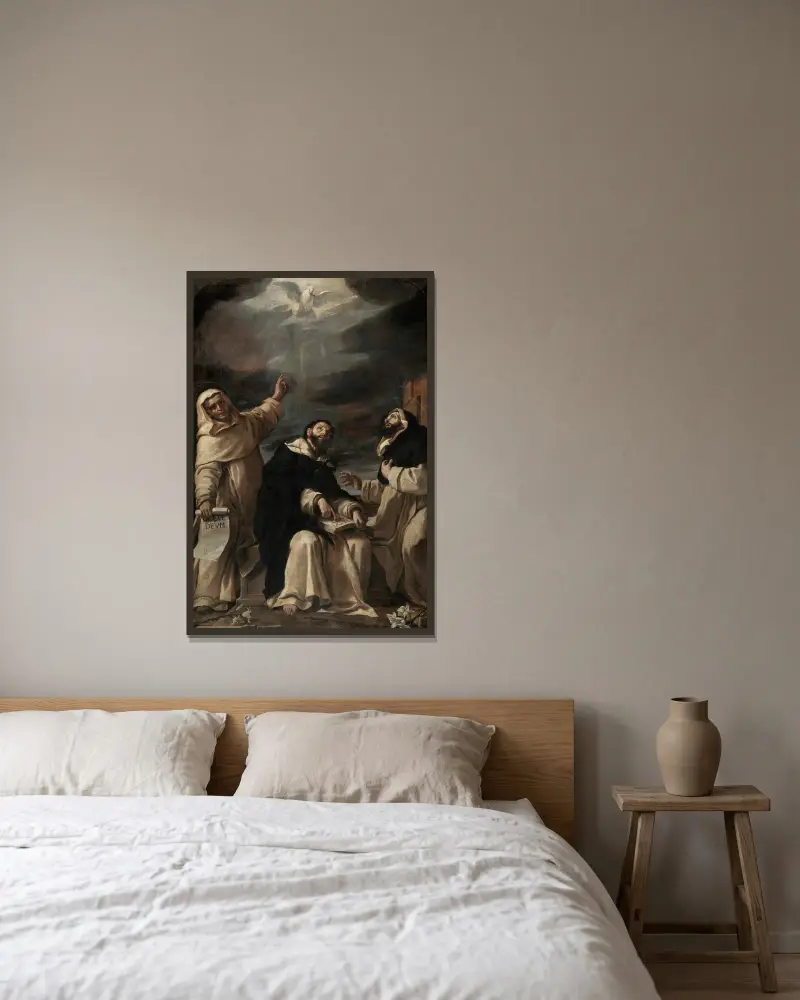 Saints Vincent Ferrer, Peter Martyr and Raymond of Peñafort av Mattia Preti inramad på en vägg