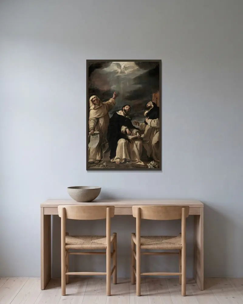Saints Vincent Ferrer, Peter Martyr and Raymond of Peñafort av Mattia Preti inramad på en vägg