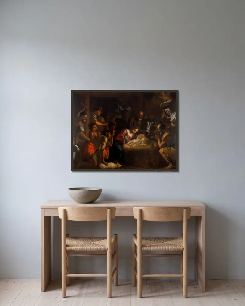 The Adoration of the Shepherds av Mattia Preti inramad på en vägg