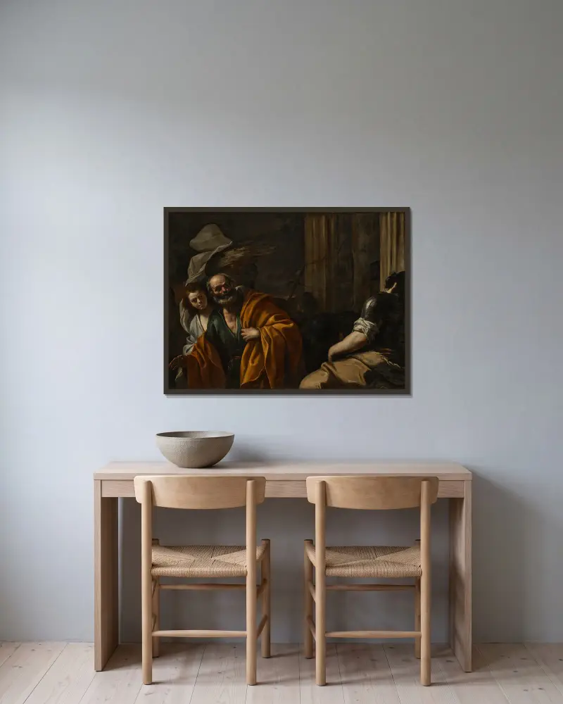Die Befreiung des heiligen Petrus von Mattia Preti gerahmt an einer Wand