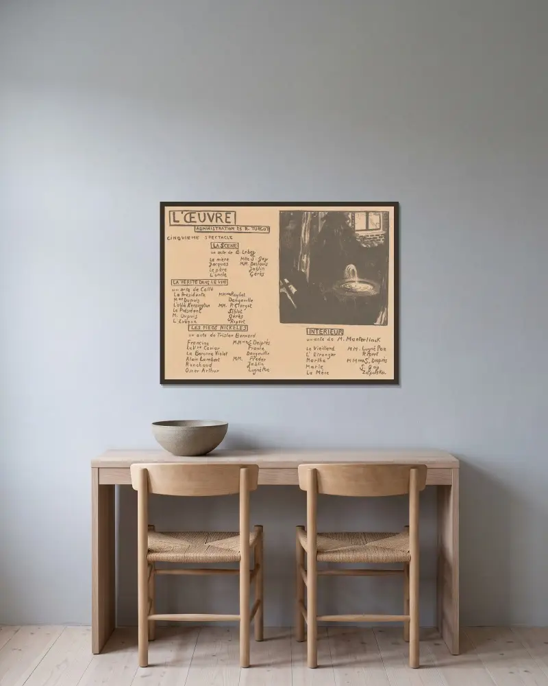 Affisch för Théâtre de l’Œuvre med bild av en fontän av Maurice Denis inramad på en vägg