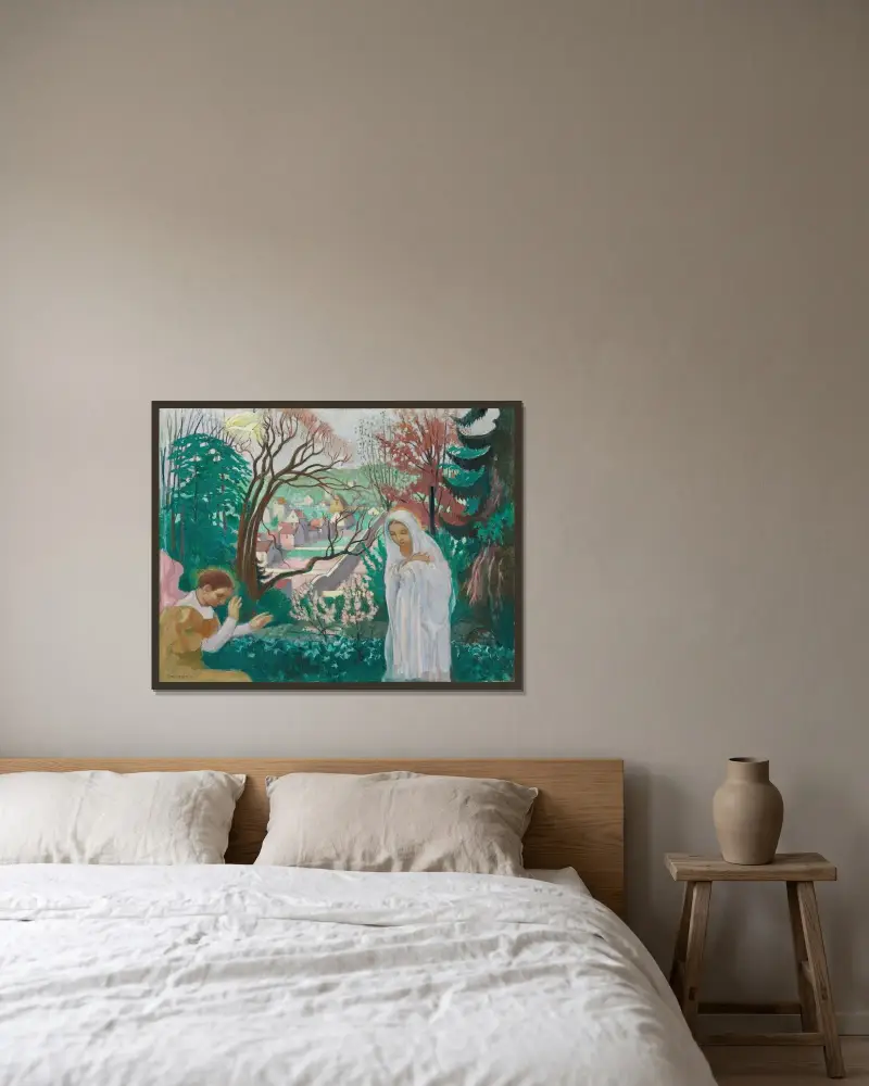 Bebådelsen i vårträdgården av Maurice Denis inramad på en vägg