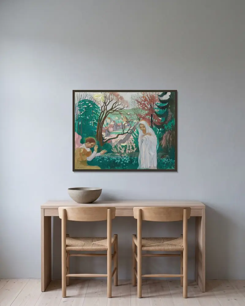 Bebådelsen i vårträdgården av Maurice Denis inramad på en vägg