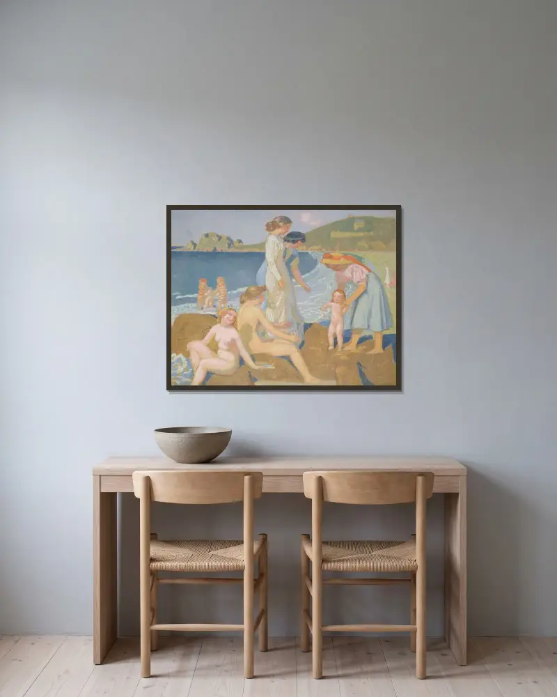 Badande vid Perros-Guirec av Maurice Denis inramad på en vägg