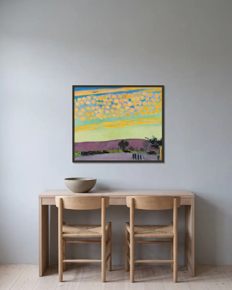 Solnedgång i Pittsburgh av Maurice Denis inramad på en vägg