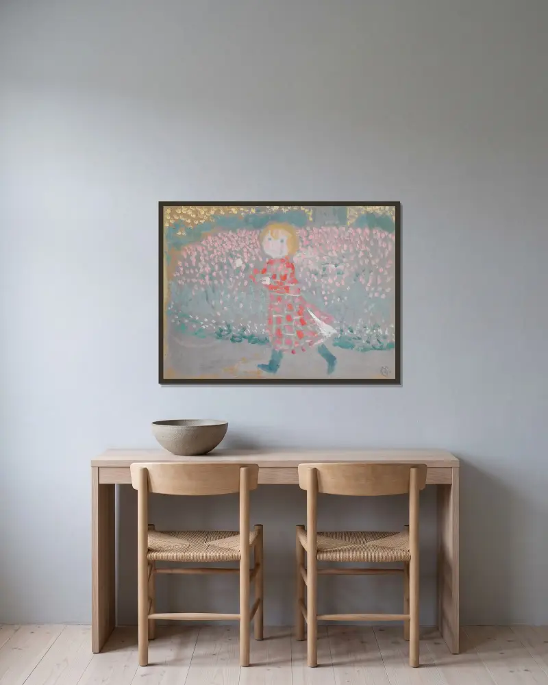 Barn med rött förkläde av Maurice Denis inramad på en vägg
