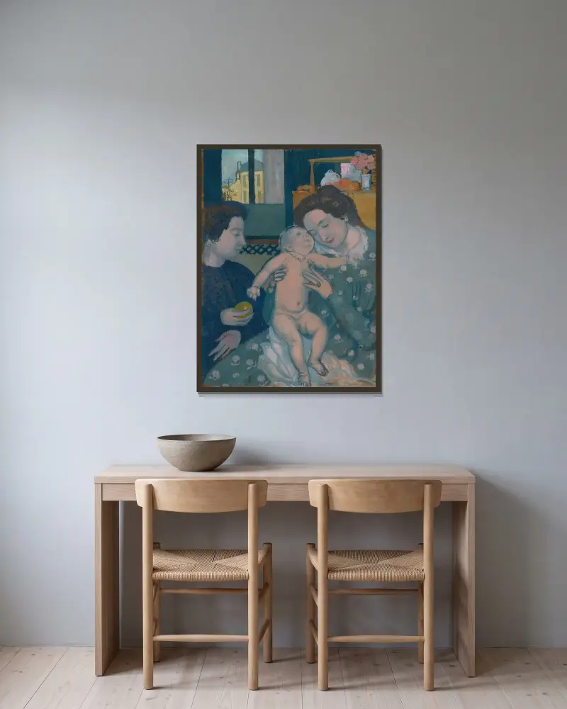 Barn nu, moderskap med äpple av Maurice Denis inramad på en vägg