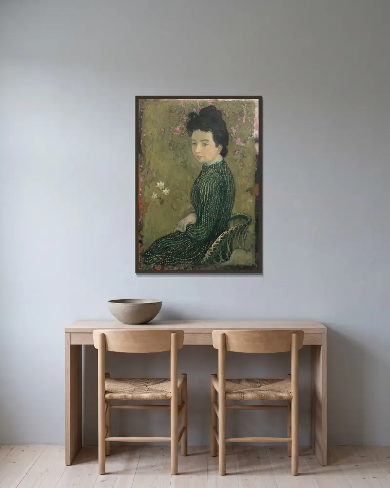 Eva Meurier in a Green Dress av Maurice Denis inramad på en vägg