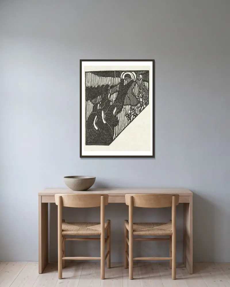 Illustratie met kruisdraging van Christus en nonnen bij gedicht in dichtbundel Sagesse van Paul Verlaine av Maurice Denis inramad på en vägg