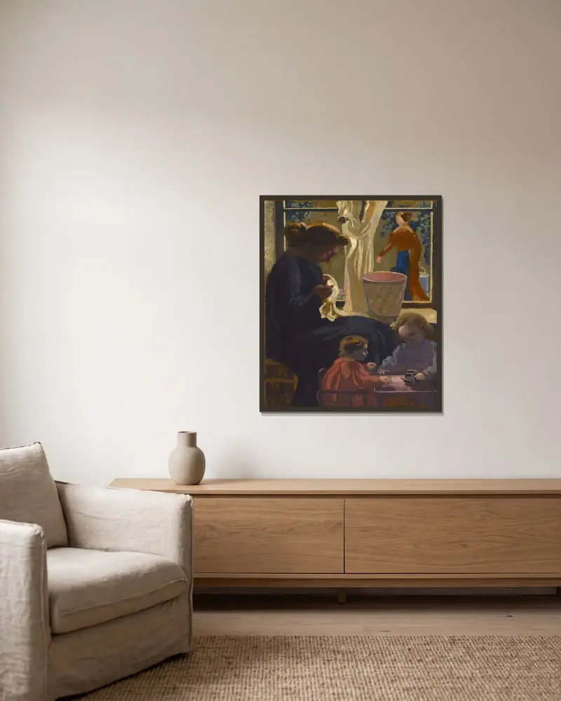 Intimitet eller kvinnan som syr vid fönstret av Maurice Denis inramad på en vägg