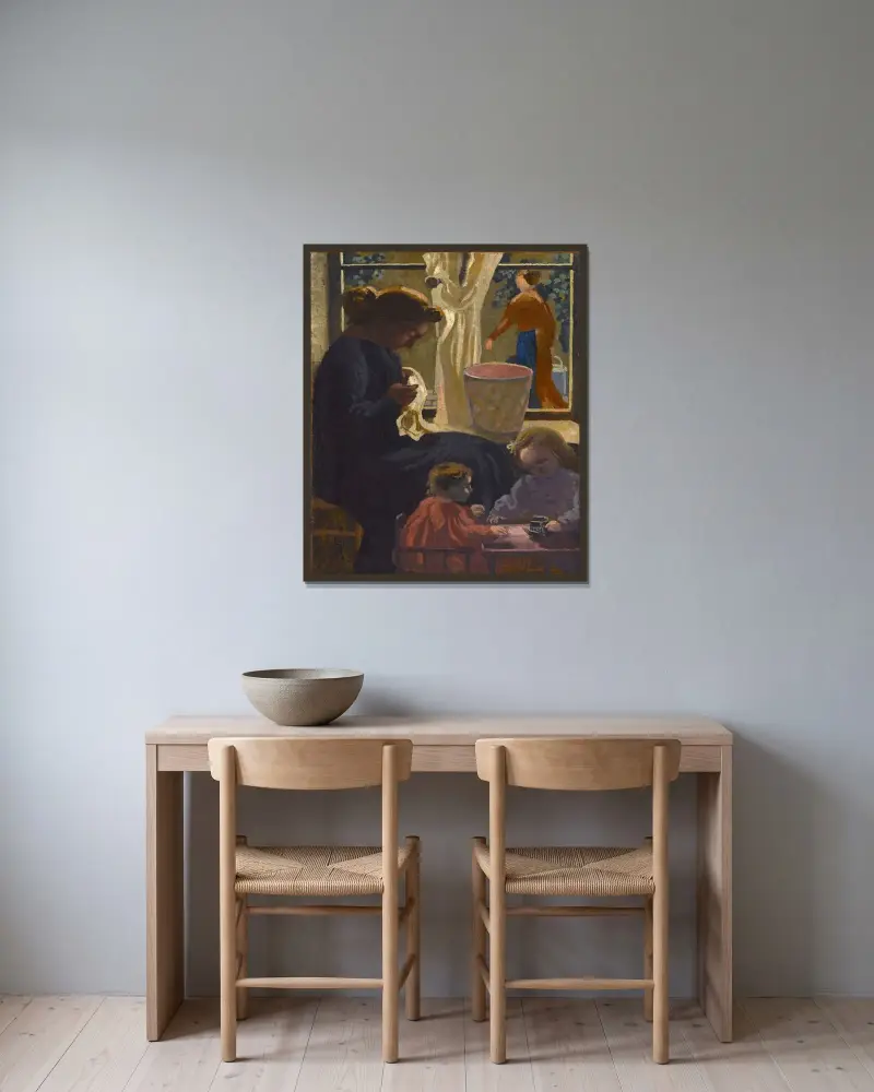 Intimitet eller kvinnan som syr vid fönstret av Maurice Denis inramad på en vägg